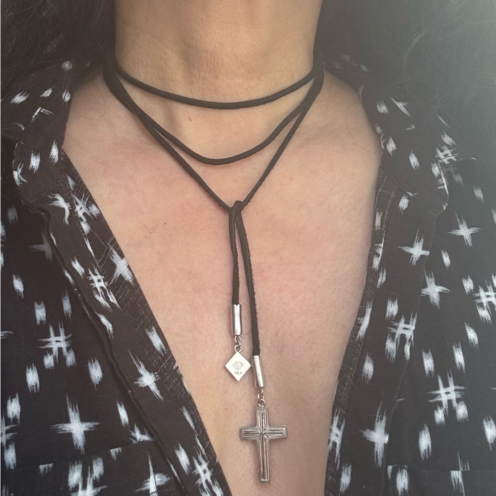 Virgins Saints & Angels Suede Wrap Cross Lariat Necklace